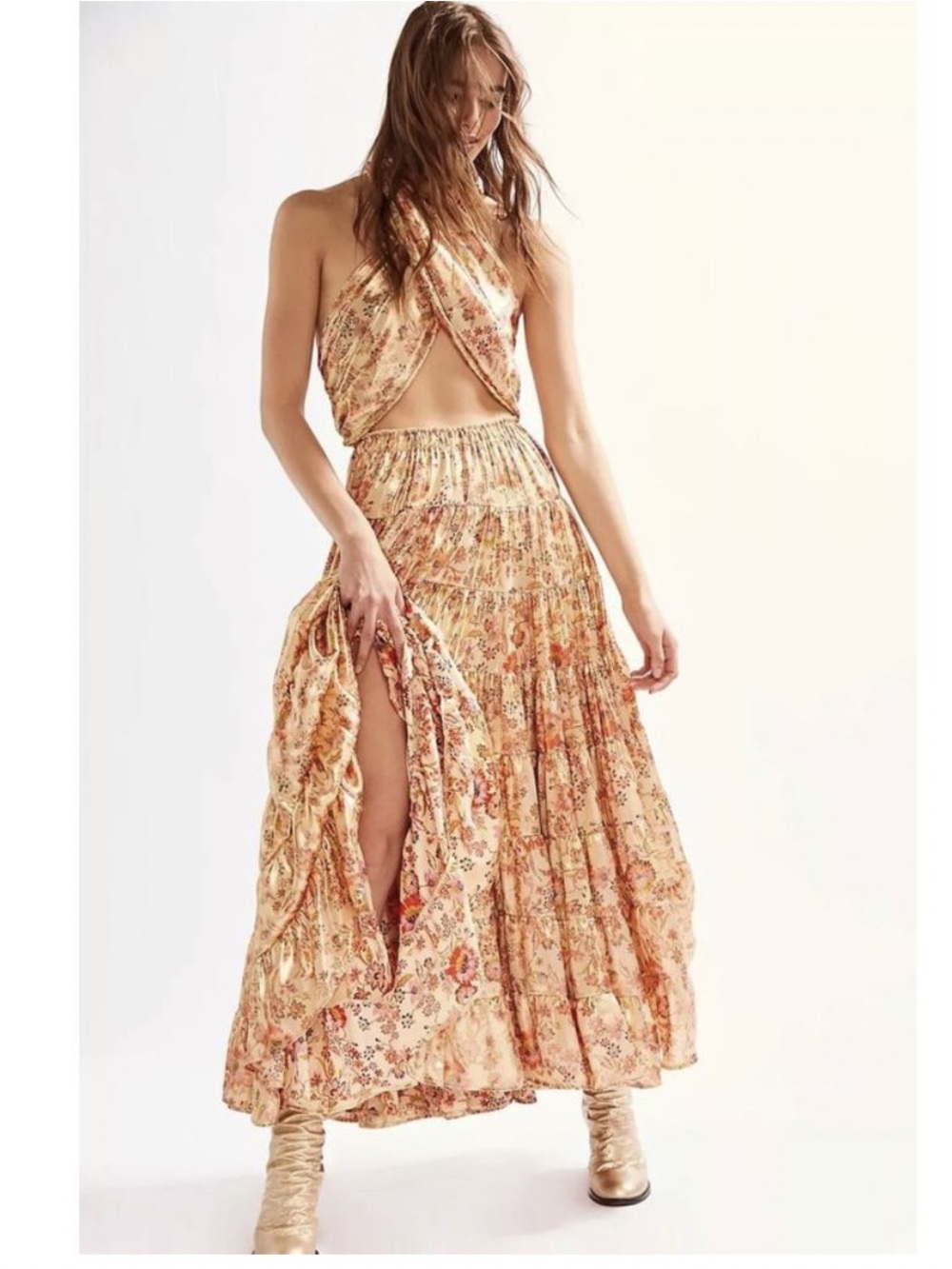 Free People Printed Something Magical Metallic Floral Tiered Maxi Dress